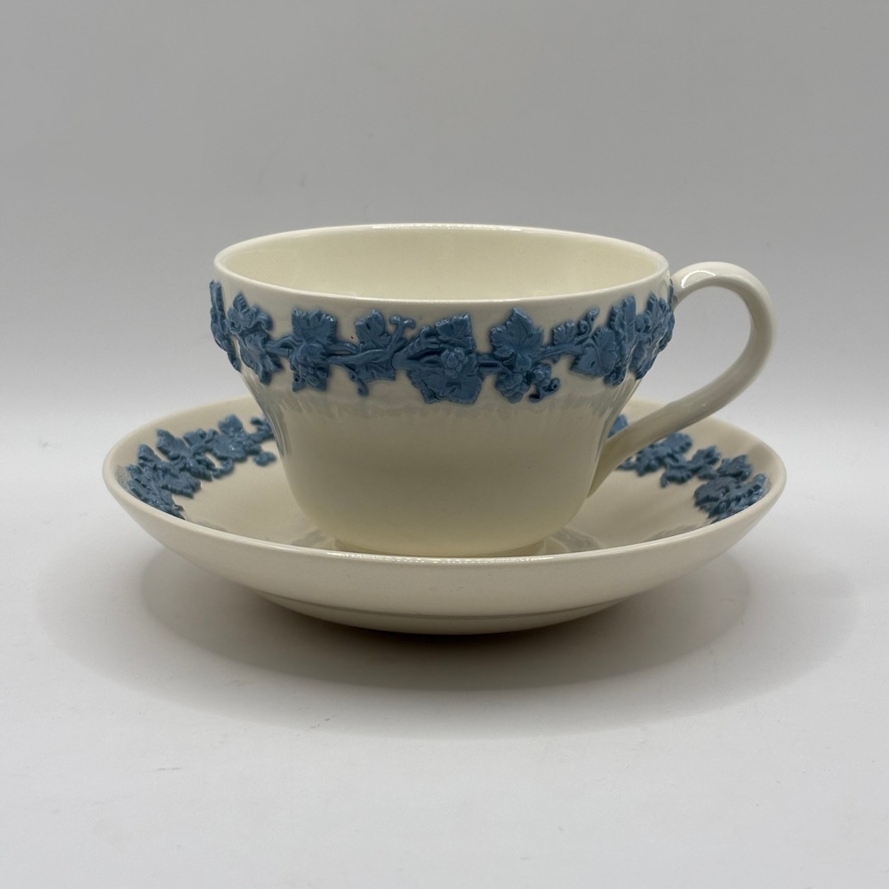 Wedgwood Embossed Queens Ware Tea Cup and Saucer Lavender Blue on Cream England